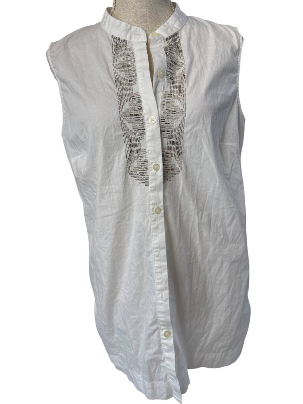 Dana Buchman White Sleeveless Button-Up Top With Beaded Detail Womens Size L